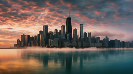 spectacular image of chicago skyline at sunset. AI-generated - obrazy, fototapety, plakaty