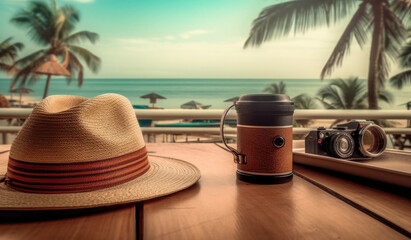 Wooden table with an empty coffee can, camera, hat, and palm tree , Travel concept