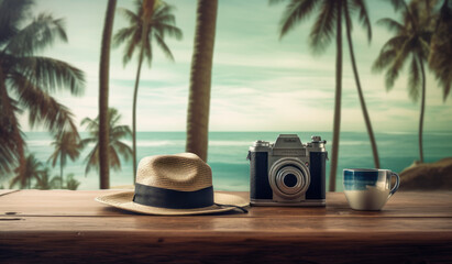 Wooden table with an empty coffee can, camera, hat, and palm tree , Travel concept