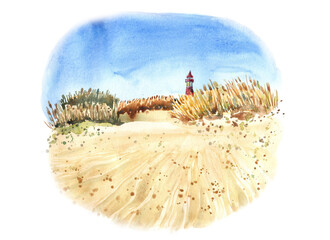 Beach, lighthouse on the coast, road in the dunes. Blue sky, nice weather. Happy holiday.  Stock illustration. Hand painted in watercolor.