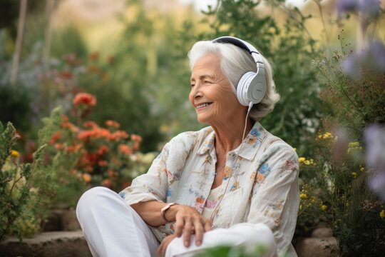 Medium shot portrait photography of a glad old woman listening to music with headphones against a serene rock garden background. With generative AI technology