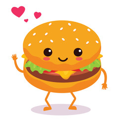 Happy smiling Kawaii cute burger. Vector flat cartoon character illustration icon design. Isolated on white background. burger, fast food
