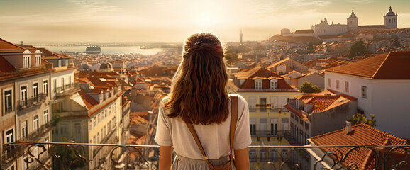 Woman standing in lisbon against a large city street , Travel concept