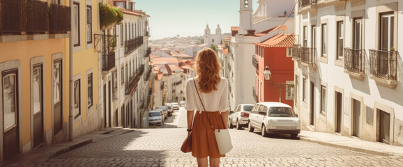 Woman standing in lisbon against a large city street , Travel concept