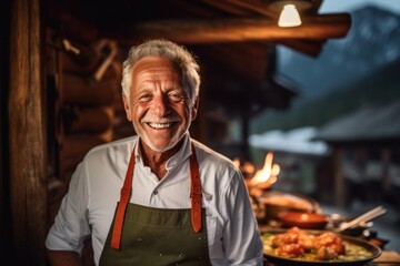 Fototapeta na wymiar Close-up portrait photography of a grinning old man cooking against a cozy mountain lodge background. With generative AI technology