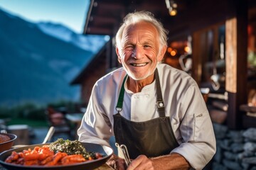 Close-up portrait photography of a grinning old man cooking against a cozy mountain lodge background. With generative AI technology