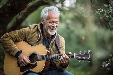 Medium shot portrait photography of a happy mature man playing the guitar against a serene nature...