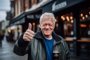 Medium shot portrait photography of a glad mature man showing ok gesture against a lively pub background. With generative AI technology