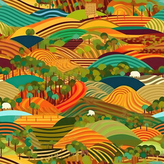 Agricultural fields seamless repeat pattern - fantasy colorful cubism, abstract art [Generative AI]
