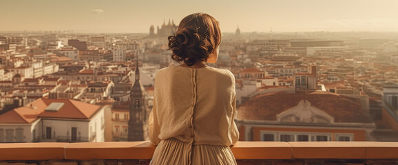 Woman watching the city skyline while looking out over the city , Travel concept