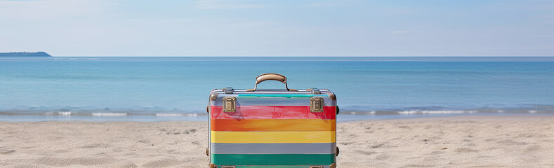 Colorful suitcase sitting on the beach with sea view , Travel concept