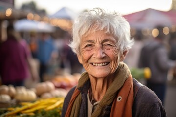 Close-up portrait photography of a happy old woman walking against a vibrant farmer's market background. With generative AI technology