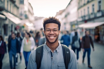 Fototapeta premium Medium shot portrait photography of a grinning boy in his 30s walking against a bustling city square background. With generative AI technology