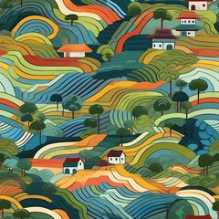 Obraz na płótnie Canvas Agricultural fields seamless repeat pattern - fantasy colorful cubism, abstract art [Generative AI] 