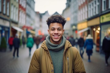 Medium shot portrait photography of a grinning boy in his 30s walking against a bustling city...