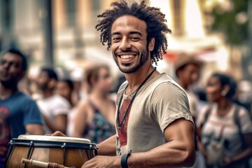Headshot portrait photography of a grinning boy in his 30s playing the drum against a bustling city...
