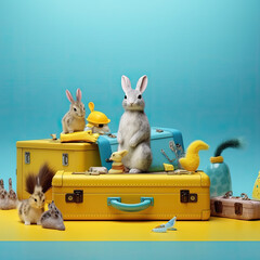 Cute animals and suitcase sitting on blue surface, Travel concept, Generative AI