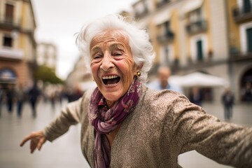 Close-up portrait photography of a satisfied old woman dancing against a bustling city square...
