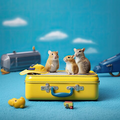 Cute animals and suitcase sitting on blue surface, Travel concept, Generative AI