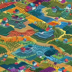 Agricultural fields seamless repeat pattern - fantasy colorful cubism, abstract art [Generative AI]
