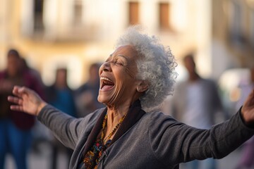 Close-up portrait photography of a satisfied old woman dancing against a bustling city square background. With generative AI technology
