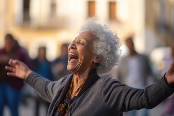 Photo sur Plexiglas Magasin de musique Close-up portrait photography of a satisfied old woman dancing against a bustling city square background. With generative AI technology