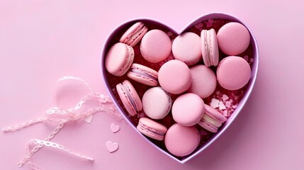 Fototapeta premium Pink macaroons in a heart shaped box on a pink background - love concept created using generative Ai tools