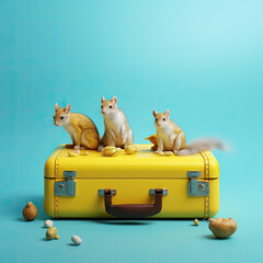 Cute animals and suitcase sitting on blue surface, Travel concept, Generative AI