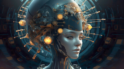 Digital human, woman-robot. Generative AI.