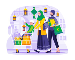 Fototapeta na wymiar A Muslim Family is shopping in the grocery market store. a mother is holding a trolley with her son in it and a father is carrying gifts and groceries. Ramadan Sale and Shopping concept illustration
