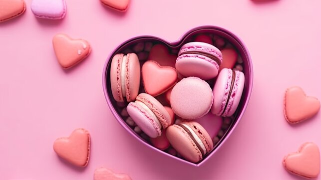 Pink macaroons in a heart shaped box on a pink background - love concept created using generative Ai tools