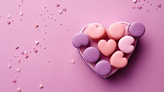 Pink macaroons in a heart shaped box on a pink background - love concept created using generative Ai tools