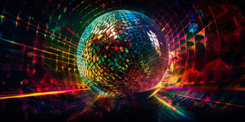Captivating disco ball image emitting swirling, prismatic light beams, embodying the infectious 70s dance music vibe and unifying power of transcendent tunes. Generative AI