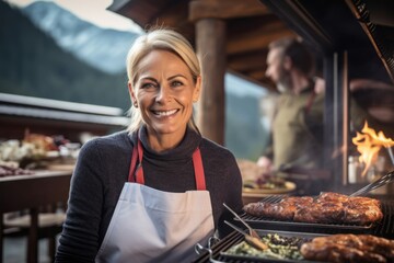 Fototapeta na wymiar Close-up portrait photography of a satisfied mature woman cooking on a grill against a picturesque mountain chalet background. With generative AI technology