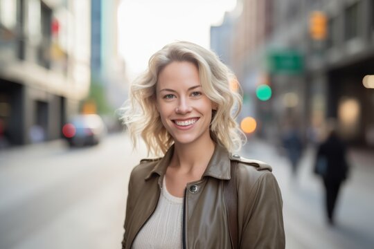 Headshot portrait photography of a glad girl in her 30s with thumbs up against a lively downtown street background. With generative AI technology