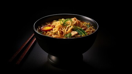 a bowl of ramen on a sleek black background - created using generative Ai tools