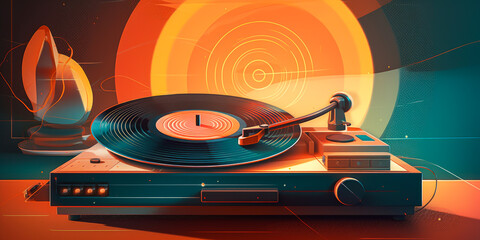 Captivating vintage '70s turntable with glowing vinyl, embodying nostalgia and timeless appeal of revolutionary music; evokes cherished memories and deep emotional connections. Generative AI