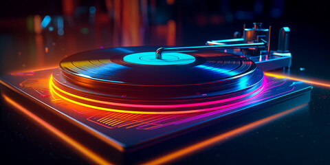 Digital illustration of a retro 70s turntable with vinyl record emitting a warm aura. Evoking memories and emotional ties of the era. Generative AI