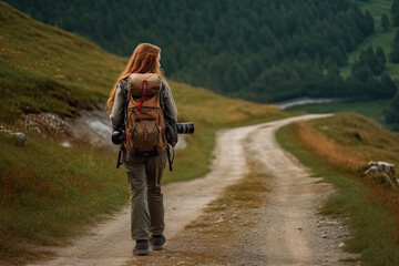 Hiking girl with backpack and camera on dirt road, Travel concept