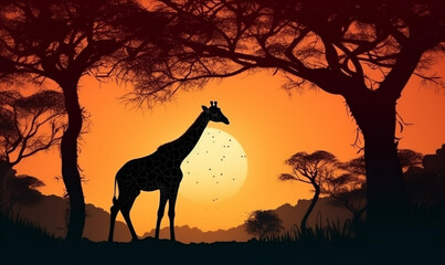 giraffe elephant silhouette sunset animal safari nature wildlife africa wild. Generative AI.