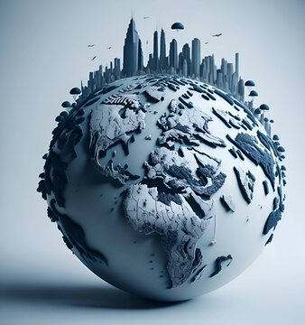 A globe with a city and a skyscraper on it. symbolic pics of the world overpopulation