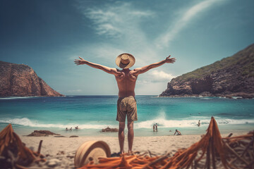 Male person in hat on beach with arms up. Travel concept. Generative AI