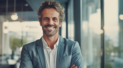 Fototapeta premium Young businessman, confident businessman standing in front of office, smiling at camera. Created with Generative AI technology.