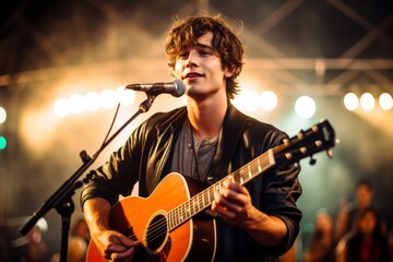 Headshot portrait photography of a glad boy in his 30s playing the guitar against a lively festival ground background. With generative AI technology