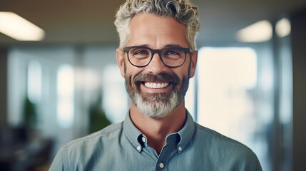 Obraz premium Middle aged businessman, confident businessman standing in front of office, smiling at camera. Created with Generative AI technology.