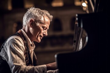 Close-up portrait photography of a glad mature man playing the piano against a historic museum...