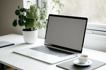Fototapeta premium Mockup of a laptop with a blank screen on a white computer table in a light bokeh environment. Generative AI