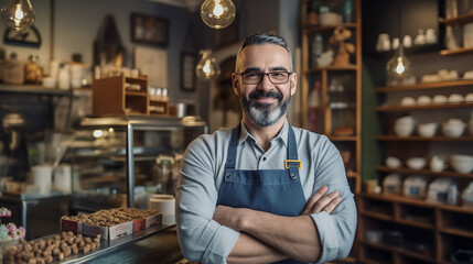 Fototapeta premium Successful small business owner standing with crossed arms with his trendy cafe in background.?reated with Generative AI technology.