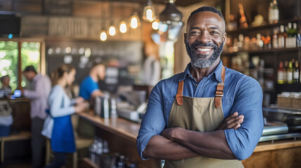 Fototapeta premium Successful small business owner standing with crossed arms with employees in background.?reated with Generative AI technology.