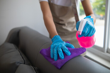 Cleaning staff is wiping cloth with cleaner and disinfectant on the surface of sofa to make the...